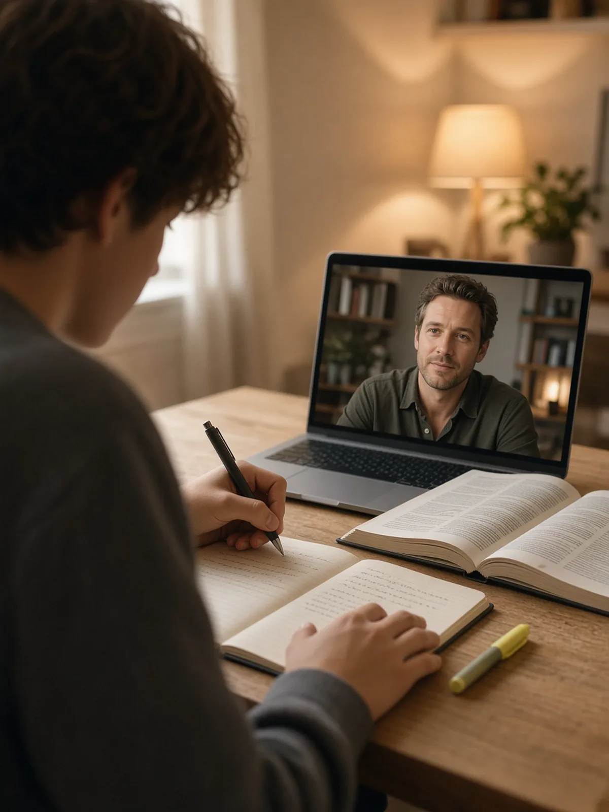 A student writing in a notebook at a home desk while a live Study Hall Guide is present on the laptop
