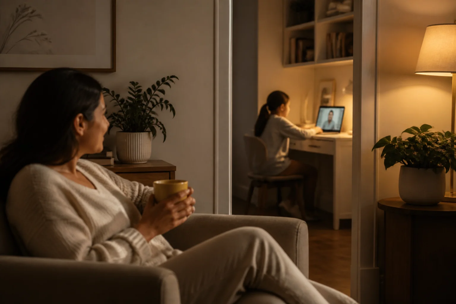 A parent with a cup of coffee in the living room while her child works at a desk in the next room with a live Study Hall Guide on the laptop